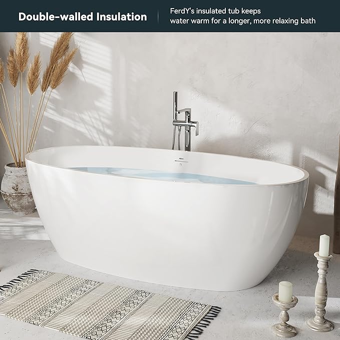 FerdY Tahiti 67" Freestanding Bathtub Elegant Oval Shape, Glossy White Double Walled Insulation bathtub with Center Polished White Drain & Overflow, cUPC Certified