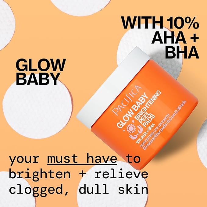 Pacifica Glow Baby Brightening Peel Pads 10% AHA + BHA Exfoliating Face Pads for Glowing Skin Resurfacing Glycolic Acid & Salicylic Acid Pad to Smooth Texture & Minimize Pores Fragrance Free 60 Count