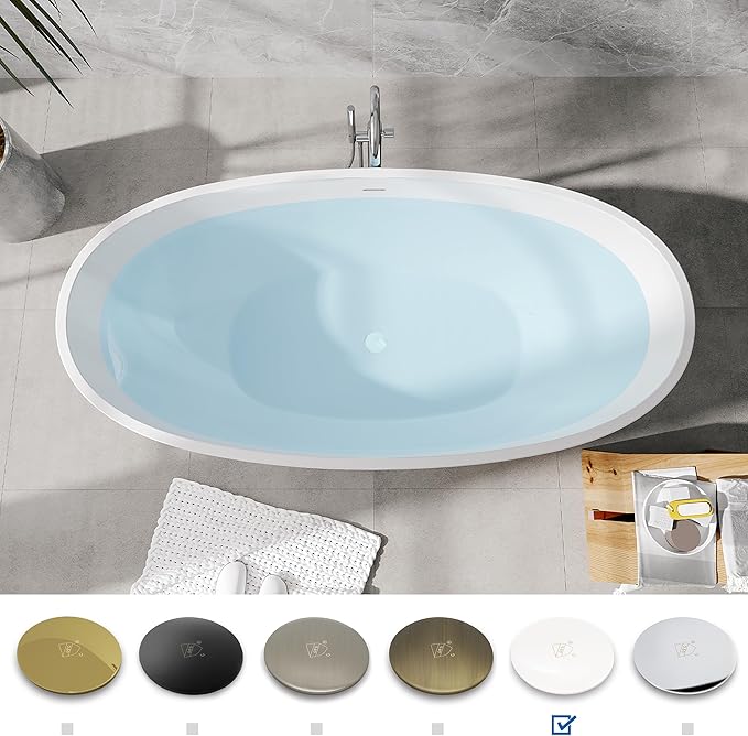 FerdY Koh Samui 65" Freestanding Bathtub, Elegant Oval Shape, Double Walled Insulation Bathtub with Center Polished White & Minimalist Linear Design Overflow