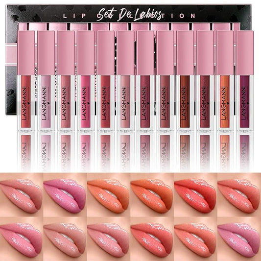 LANGMANNI 12Pcs Lip gloss Collection Makeup Set, Shiny Smooth Soft Liquid Lip Glosses Lip Stain With Rich Varied Colors For Girls And Women Makeup (Shimmery-B)