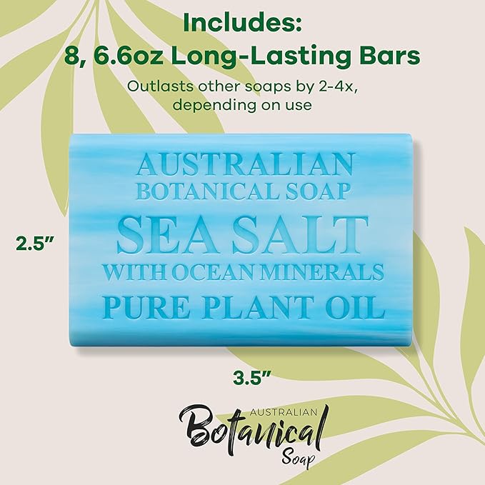 Australian Botanical Soap, 6.6 OZ, Sea Salt and Ocean Minerals, Triple Milled Bars made with a Natural Soap Base and Enriched with Organic Shea Butter, Pack of 8