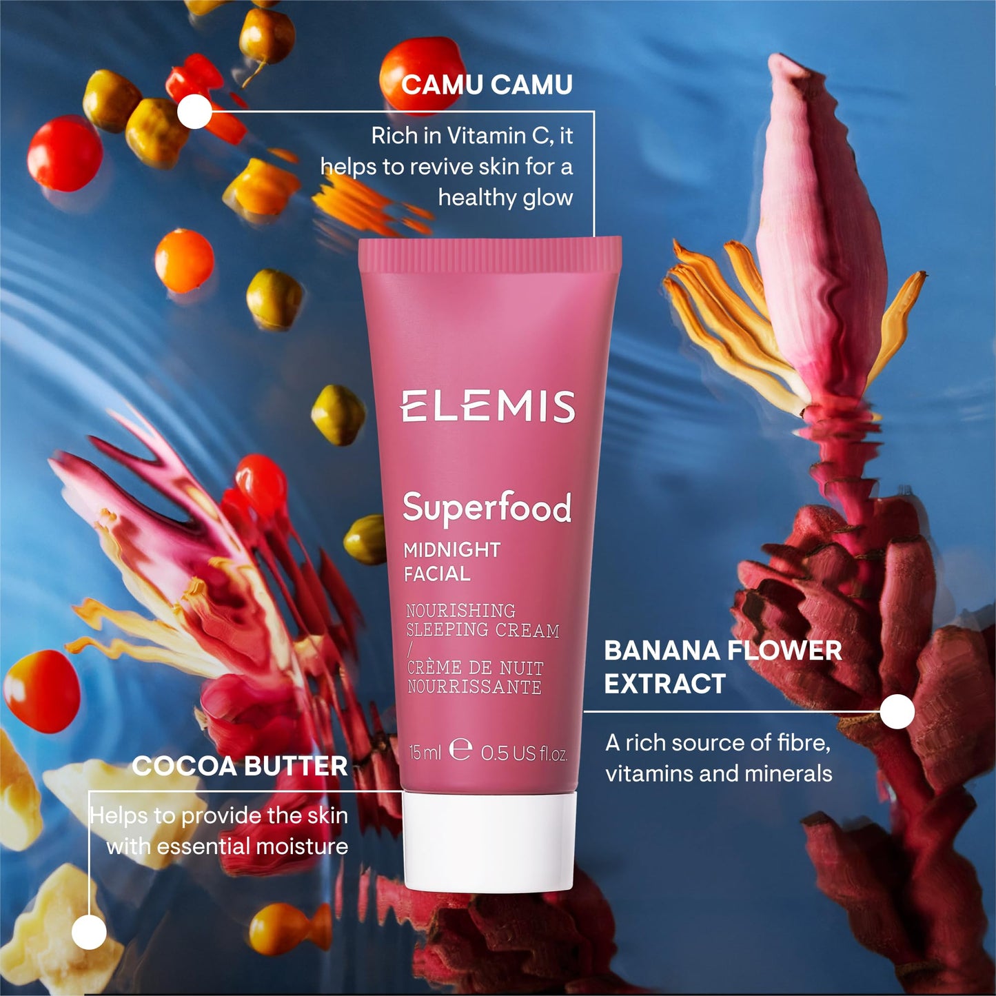 ELEMIS Superfood Midnight Facial - Lightweight Overnight Facial Cream, Prebiotic-Infused Hydrating Gel, Vitamin C Camu Camu Moisturizer, Omega Rich Night Cream - 50ml