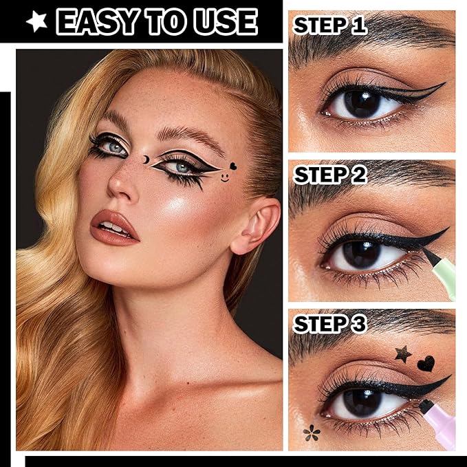 8PCS Black Liquid Eyeliner Stamps Set,Double-side Winged Eyeliner Stencil Pen,Waterproof Long Lasting Eye Liners Stamp Eyeliner Pencil Tattoo Makeup Tools with Heart,Flower,Star,Butterfly,Cone Shapes