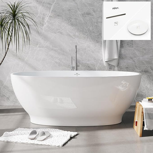 FerdY Koh Samui 65" Freestanding Bathtub, Elegant Oval Shape, Double Walled Insulation Bathtub with Center Polished White & Minimalist Linear Design Overflow