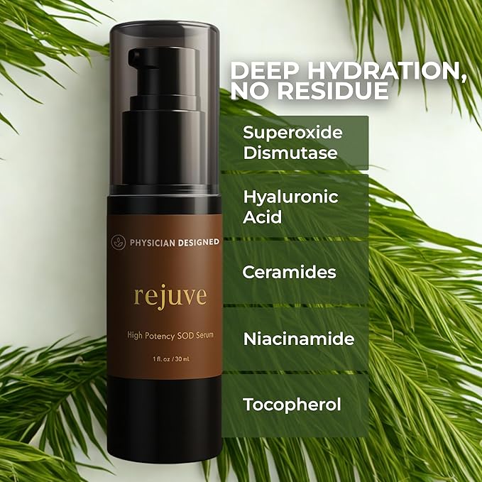 Rejuve Superoxide Dismutase Supplement High Potency Wrinkle Serum with SOD Supplement & Hyaluronic Acid - Deep Hydration & Anti-Aging Formula, 30ML