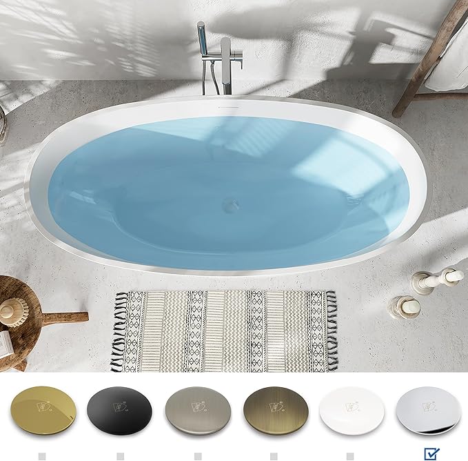 FerdY Tahiti 67" Freestanding Bathtub Elegant Oval Shape, Glossy White Double Walled Insulation bathtub with Center Polished Chrome Drain, UPC Certified -02119