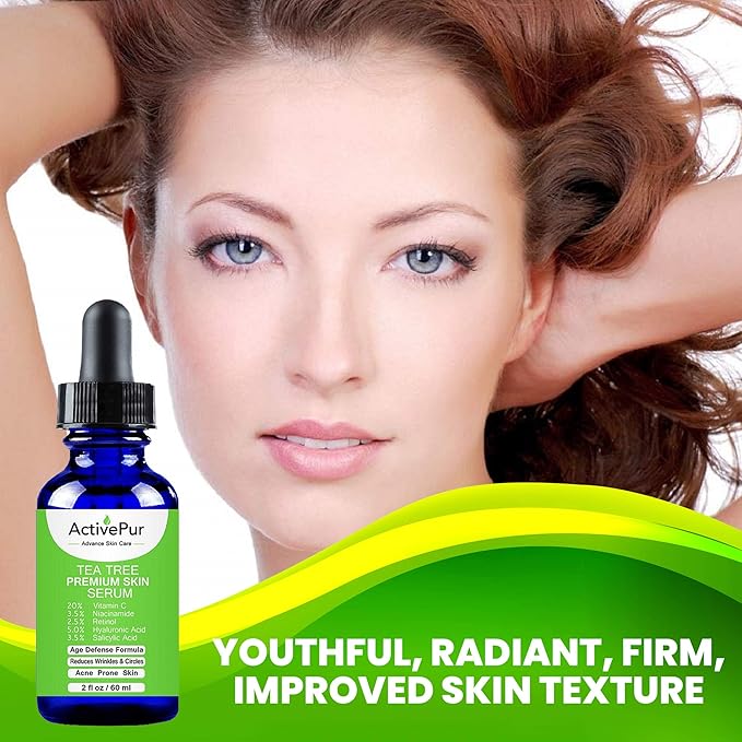 Premium TEA TREE SERUM (Big Size 2 Oz/60 ml) Oil for Acne, 20% Vitamin C & B3 MSM Hyaluronic Acid Retinol Salicylic Acid Niacinamide Acne Scar Treatment Anti Aging Wrinkle Dark Spots Blemishes Pimple