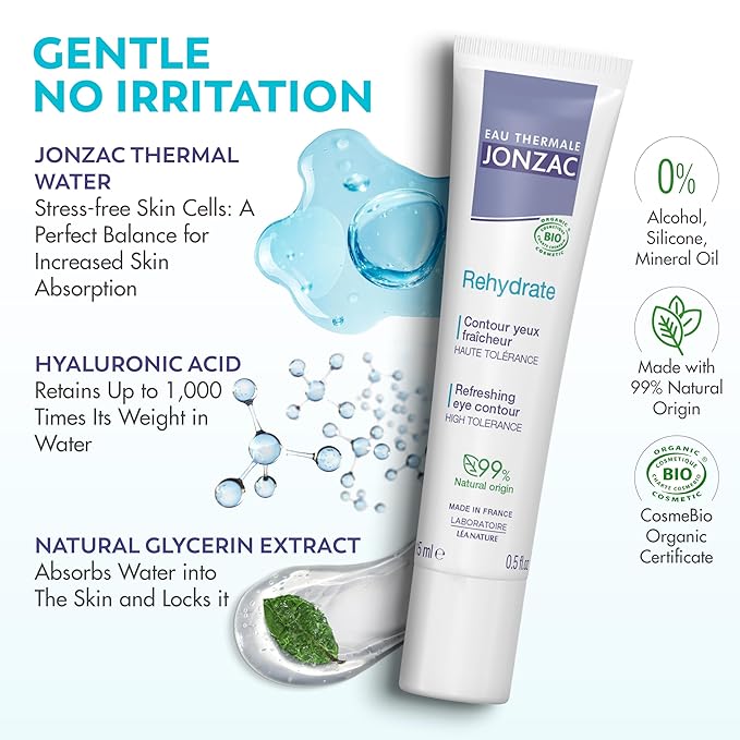 Rehydrate Organic Refreshing Eye Contour Cream - Soothing Hydration with Hyaluronic Acid For Dark Circles -For Sensitive Skin 0.5 Fl Oz