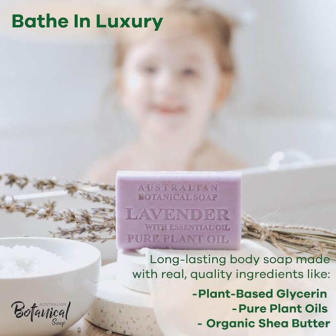 Australian Botanical Soap, 6.6 OZ, Lavender and Essential Oil, Triple Milled Bars made with a Natural Soap Base and Enriched with Organic Shea Butter, Pack of 8