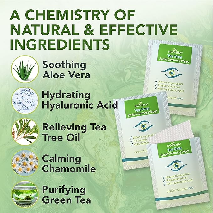 NOVEHA 120Pcs Tea Tree Oil Eyelid & Lash Wipes With Hyaluronic Acid, Green Tea & Chamomile For Blepharitis & Itchy Eyes, Individually Wrapped Eyelash Wipes, Natural Makeup Remover & Cleanser (2 Pack)