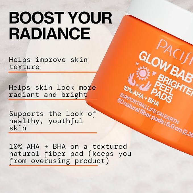 Pacifica Glow Baby Brightening Peel Pads 10% AHA + BHA Exfoliating Face Pads for Glowing Skin Resurfacing Glycolic Acid & Salicylic Acid Pad to Smooth Texture & Minimize Pores Fragrance Free 60 Count