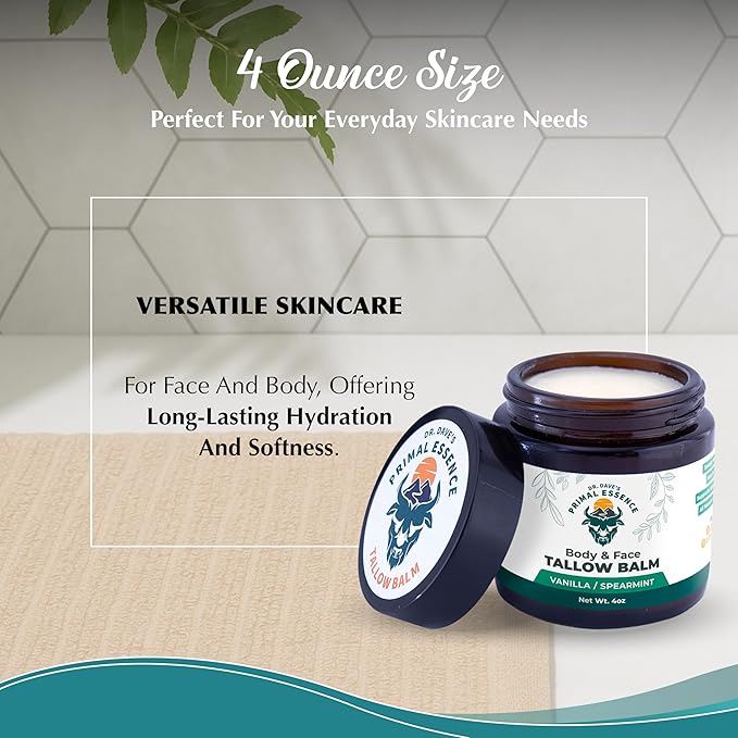 Dr. Dave's Primal Essence Grass Fed Beef Tallow Balm for Face and Body with Shea Butter, Organic Jojoba Oil, Honey, and Beeswax – Beef Tallow for Skin – Vanilla and Spearmint – 4 oz