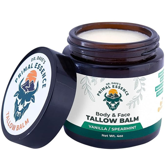Dr. Dave's Primal Essence Grass Fed Beef Tallow Balm for Face and Body with Shea Butter, Organic Jojoba Oil, Honey, and Beeswax – Beef Tallow for Skin – Vanilla and Spearmint – 4 oz