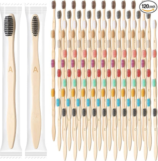 Sieral 120 Pcs 120 Pcs Bamboo Toothbrushes Bulk Soft Bristle Individually Wrapped Travel Toothbrush Eco Friendly Natural Wooden Tooth Brush for Kid Adult Home Travel Use, 7.5 Inch, 12 Colors (Letter)
