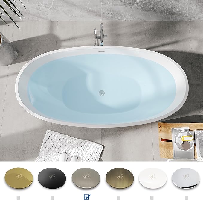 FerdY Koh Samui 65" Freestanding Bathtub, Elegant Oval Shape, Double Walled Insulation Bathtub with Center Brushed Nickel Drain & Minimalist Linear Design Overflow