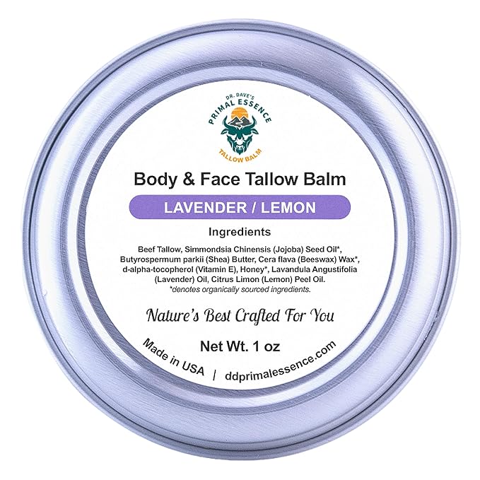 Dr. Dave's Primal Essence Grass Fed Beef Tallow Balm for Face and Body with Shea Butter, Organic Jojoba Oil, Honey, and Beeswax – Beef Tallow for Skin – Lavender and Lemon – 1 oz