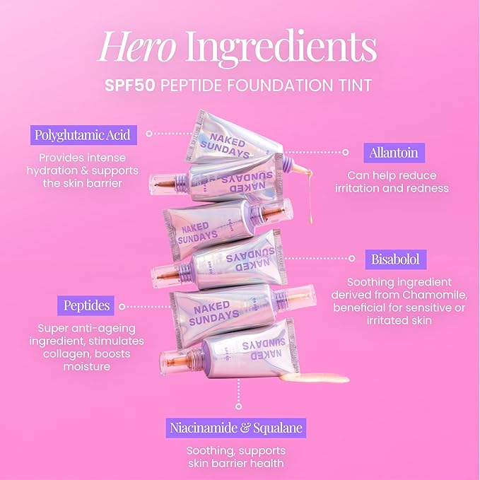 Naked Sundays BeautyScreen™ SPF 50 Mineral Peptide Foundation Tint – Skin Tint & Mineral Sunscreen | Radiant, Buildable Coverage, Acne-Safe, Infused with Peptides (2.5 Light Neutral, 1.01 oz)