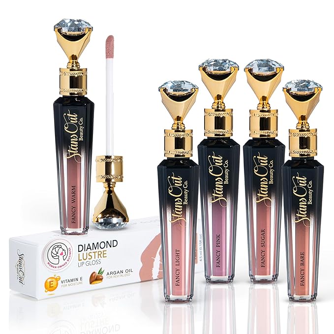 StansOut Diamond Lustre Lip Gloss Bundle - 5 Pack - Fancy Warm, Light, Pink, Sugar, Bare - Vitamin E & Argan Oil Infused - Long-Lasting Lustrous Shine - Hydrating Formula - Portable Elegance