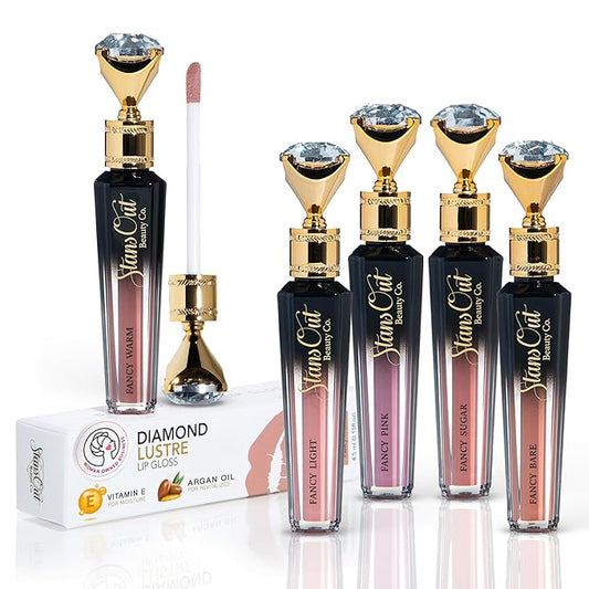 StansOut Diamond Lustre Lip Gloss Bundle - 5 Pack - Fancy Warm, Light, Pink, Sugar, Bare - Vitamin E & Argan Oil Infused - Long-Lasting Lustrous Shine - Hydrating Formula - Portable Elegance