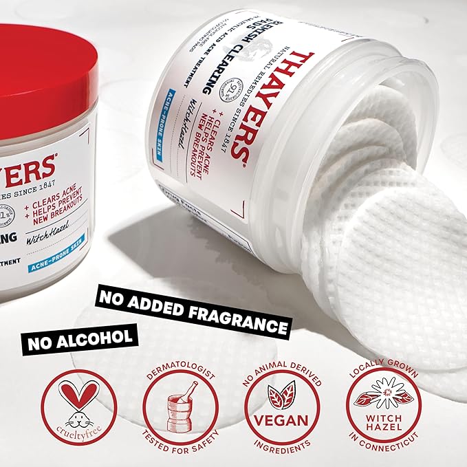 Thayers Blemish Clearing Acne Pads, Salicylic Acid Acne Treatment for Face, Pore Reducing, Exfoliating, and Soothing Skincare, Witch Hazel Toner Pads, 60 Ct