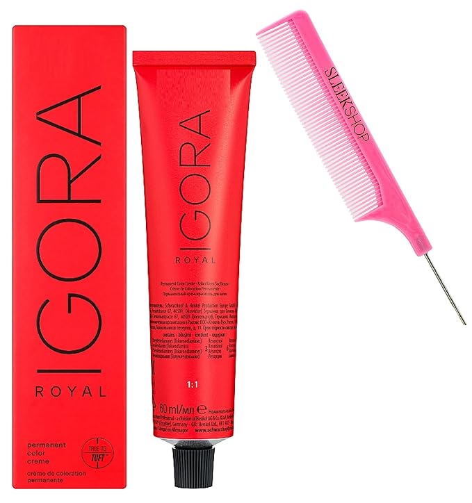 outcome comb + IGORA ROYAL by Schwarzkapf Professional PERMANENT Creme Hair Color Dye, Cream Haircolor, 2024-2025 Version (w/SIeekshop Argan PINK Comb) (Takeover Disheveled Nudes - 8-176)