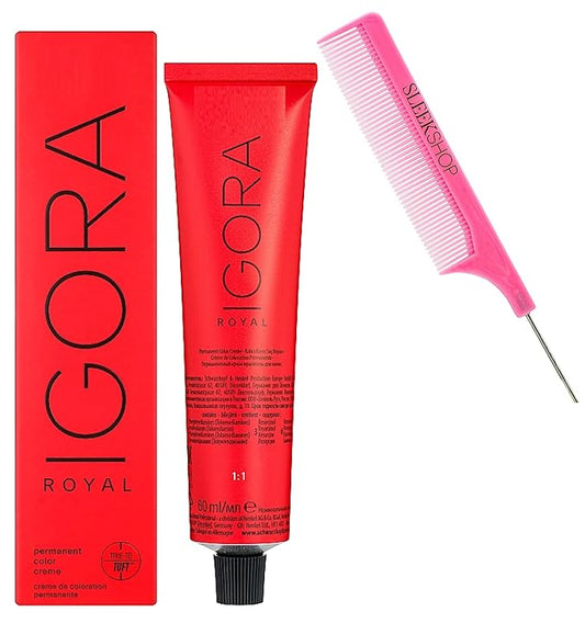 outcome comb + IGORA ROYAL by Schwarzkapf Professional PERMANENT Creme Hair Color Dye, Cream Haircolor, 2024-2025 Version (w/SIeekshop Argan PINK Comb) (Takeover Disheveled Nudes - 9,5-314)