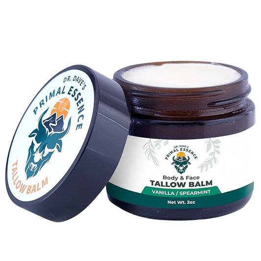 Dr. Dave's Primal Essence Grass Fed Beef Tallow Balm for Face and Body with Shea Butter, Organic Jojoba Oil, Honey, and Beeswax – Beef Tallow for Skin – Vanilla and Spearmint – 2 oz
