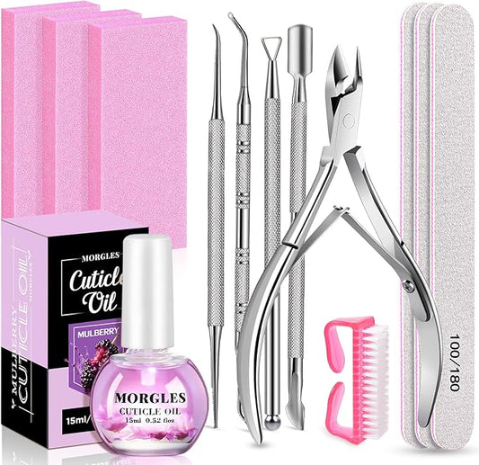 MORGLES Nail Care Kit, Manicure and Pedicure Tools Kit, 3 Nail File 100/180, 3 Buffer Block, Mulberry Cuticle Oil, Trimmer and Pusher