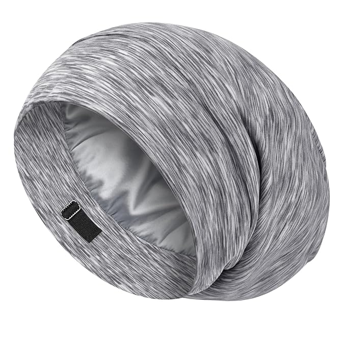 LULUSILK 100% Mulberry Silk Lined Sleep Cap Silk Bonnet for Sleeping, No More Frizzy Tangled Hair, Stay On All Night Adjustable Silk Hair Wrap for Sleeping, Assorted Color Light Grey, Pack of 1