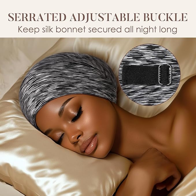 LULUSILK Mulberry Silk Lined Sleep Cap, No More Frizzy Tangled Hair, Stay On Silk Hair Wrap for Sleeping with Adjustable Strap, Silk Bonnet for Women and Men, Assorted Color Dark Grey, Pack of 1