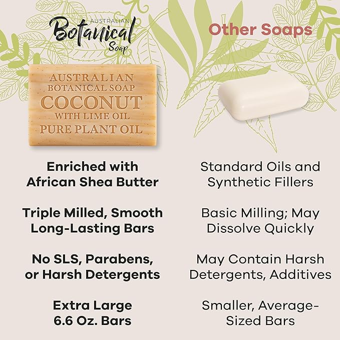 Australian Botanical Soap, 6.6 OZ, Coconut and Lime Oil, Triple Milled Bars made with a Natural Soap Base and Enriched with Organic Shea Butter, Pack of 8