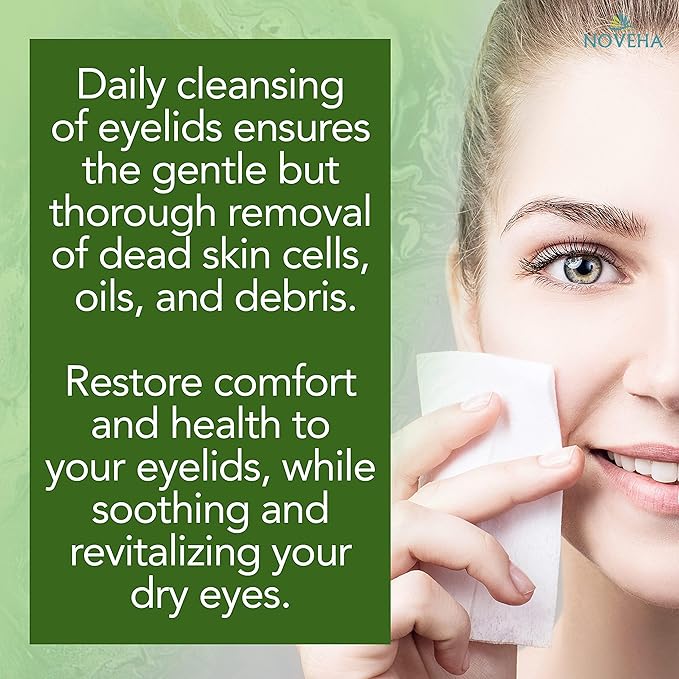 NOVEHA 120Pcs Tea Tree Oil Eyelid & Lash Wipes With Hyaluronic Acid, Green Tea & Chamomile For Blepharitis & Itchy Eyes, Individually Wrapped Eyelash Wipes, Natural Makeup Remover & Cleanser (2 Pack)