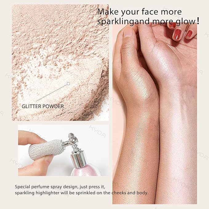 KYDA Highlighter Powder Spray, High Gloss Glitter Spray, Shimmer Sparkling Powder Makeup, for Face and Body Glitter Cosmetic-Pearl White