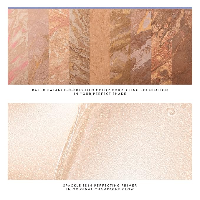LAURA GELLER NEW YORK Everyday Routine Kit - Baked Balance-N-Brighten Color Correcting Powder Foundation, Medium + Retractable Angled Kabuki + Spackle Makeup Primer, Champagne Glow (3 PC)