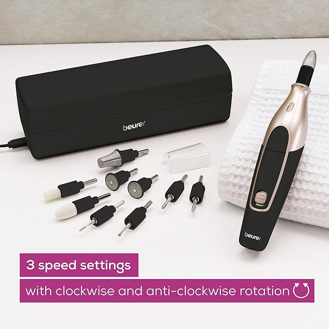 Beurer MP84BLK Nail Pro Deluxe - 14-Piece Professional Manicure & Pedicure Nail Drill Kit, Cordless, Rechargeable Electric Nail File with Attachments, LED Light, USB-c Charging & Storage Case