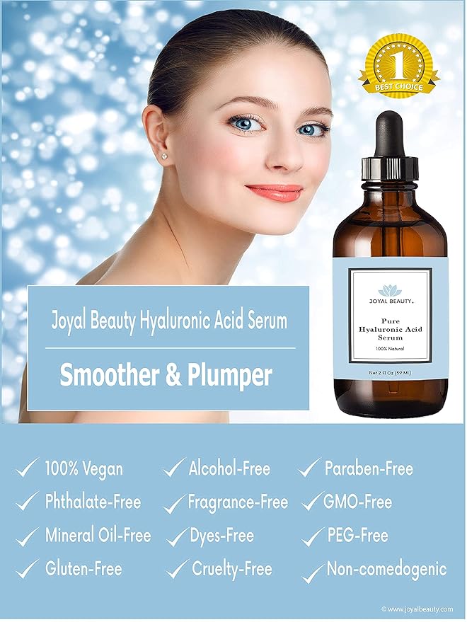 JOYAL BEAUTY Hyaluronic Acid Serum for Face Lips Eyes. 100% Pure Anti-Aging Serum for Skin Care. 2 Types of Hyaluronic Acid with High & Low Molecular Weight to Maximize Absorption and Hydration