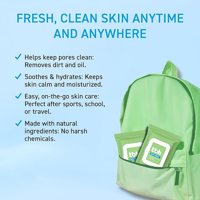 TBH Kids Spot Face Cleansing Wipes – Gentle Daily Skincare for Preteens & Teens with Oily, Dry & Sensitive Skin – Salicylic Acid & Witch Hazel – Paraben-Free & Dermatologist-Approved – 30 count