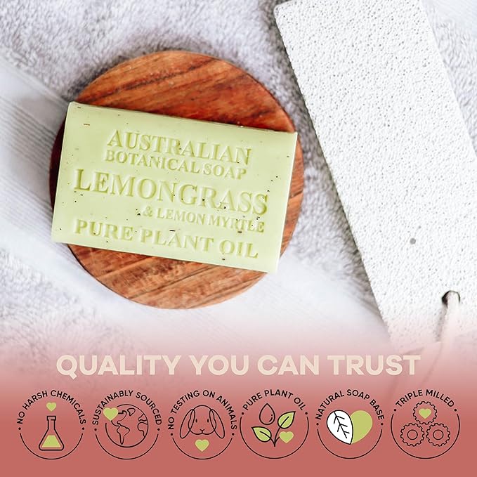 Australian Botanical Soap, 6.6 OZ, Lemongrass and Lemon Myrtle, Triple Milled Bars made with a Natural Soap Base and Enriched with Organic Shea Butter, Pack of 8