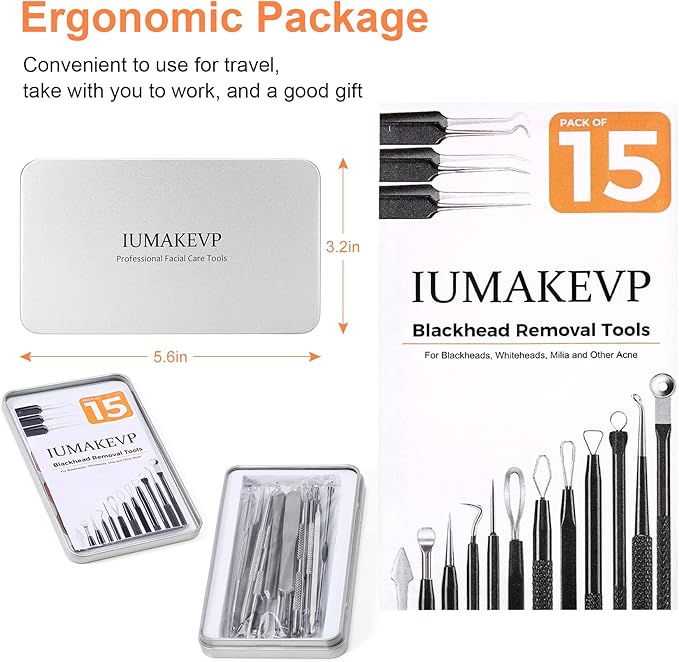 Pimple Popper Tool Kit, IUMAKEVP 15 PCS Professional Stainless Steel Blackhead Remover Comedone Extractor Tools for Removing Zit on Face - Acne Removal Kit with Metal Case (Silver)