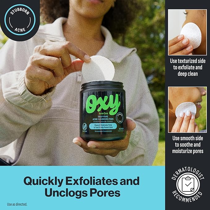 Oxy Deep Pore Acne Facial Cleansing Pads, Maximum Strength 2% Salicylic Acid Stubborn Acne Treatment, Fights Breakouts, Exfoliates, Unclogs Pores, Treats Blackheads - 90 Pads (3)