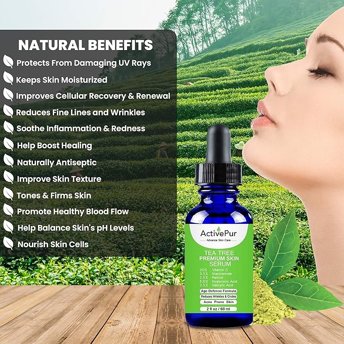 Premium TEA TREE SERUM (Big Size 2 Oz/60 ml) Oil for Acne, 20% Vitamin C & B3 MSM Hyaluronic Acid Retinol Salicylic Acid Niacinamide Acne Scar Treatment Anti Aging Wrinkle Dark Spots Blemishes Pimple